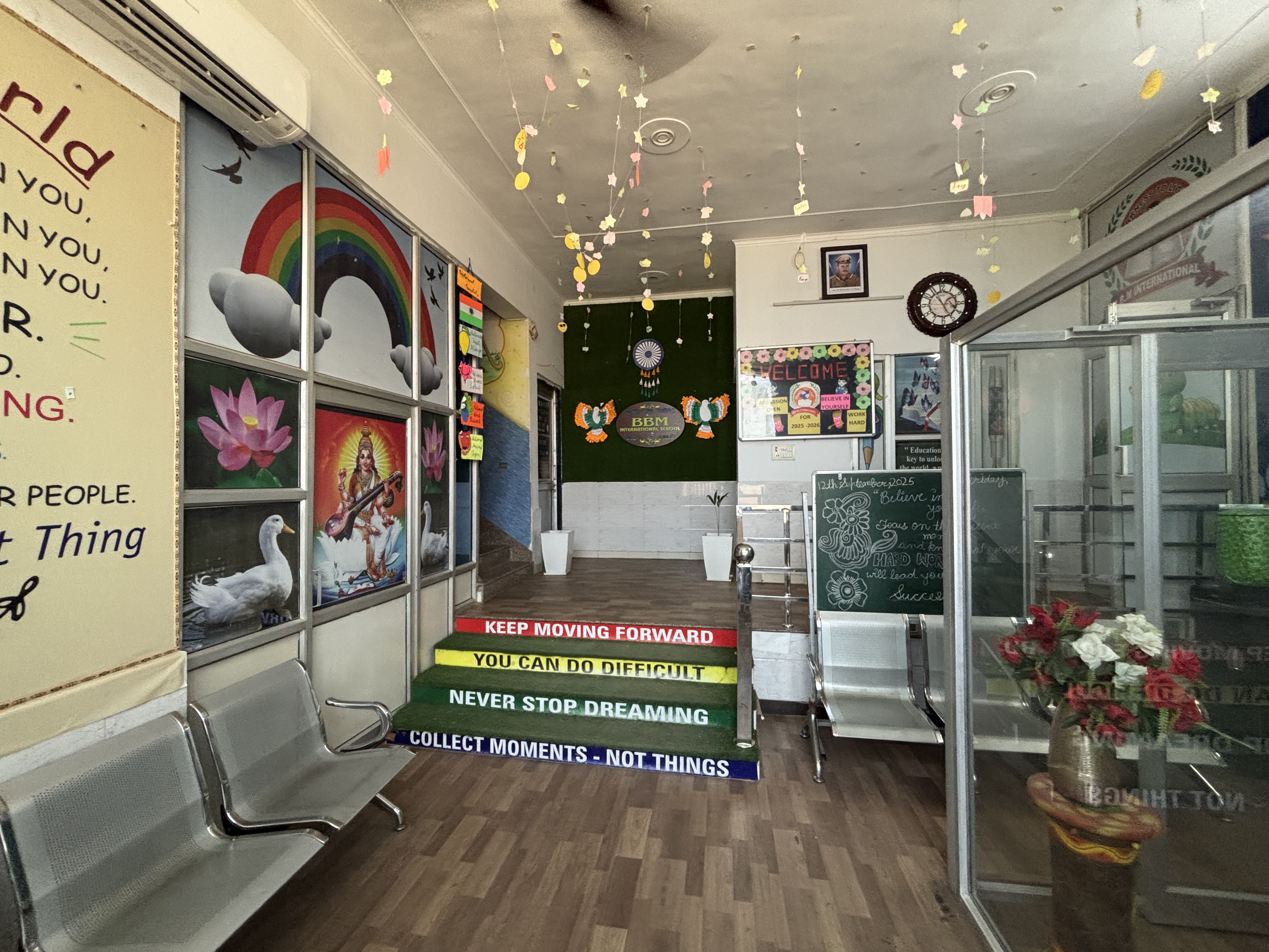 A vibrant school campus with students playing.